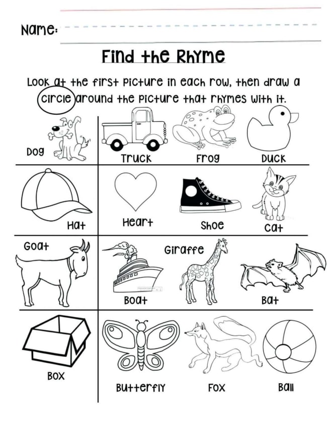 10+ Printable Rhyming Worksheet For Kindergarten