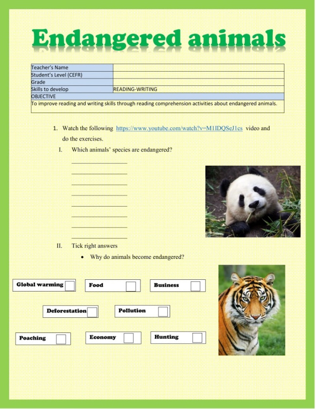 Endangered Animals Free Online Worksheet