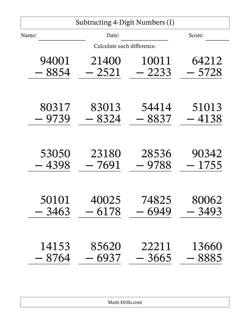 Large Print Subtracting 4-Digit Numbers With All Regrouping (I)