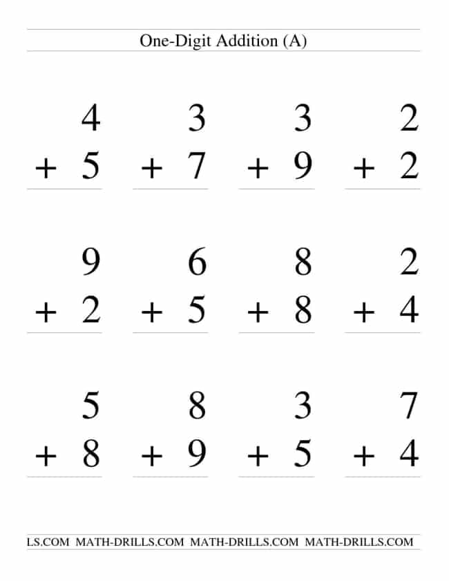 Single Digit Addition -- Some Regrouping -- 12 Per Page (A) Math